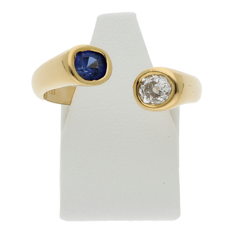 Eleganter Ring mit Safir u. Altschliff Diamant 18k/750 Gold